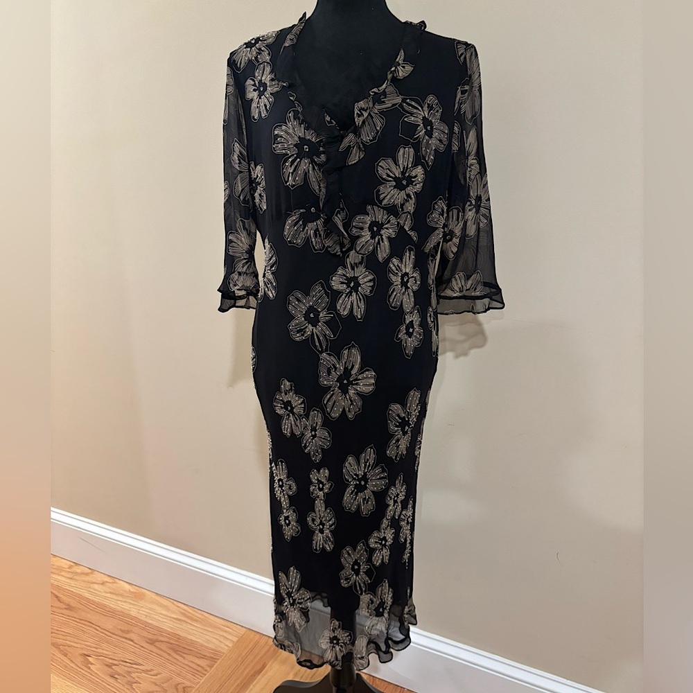 ICE Vintage Silk Floral Maxi Dress Size 12 Sheer Half Sleeve Ruffles Y2K Black